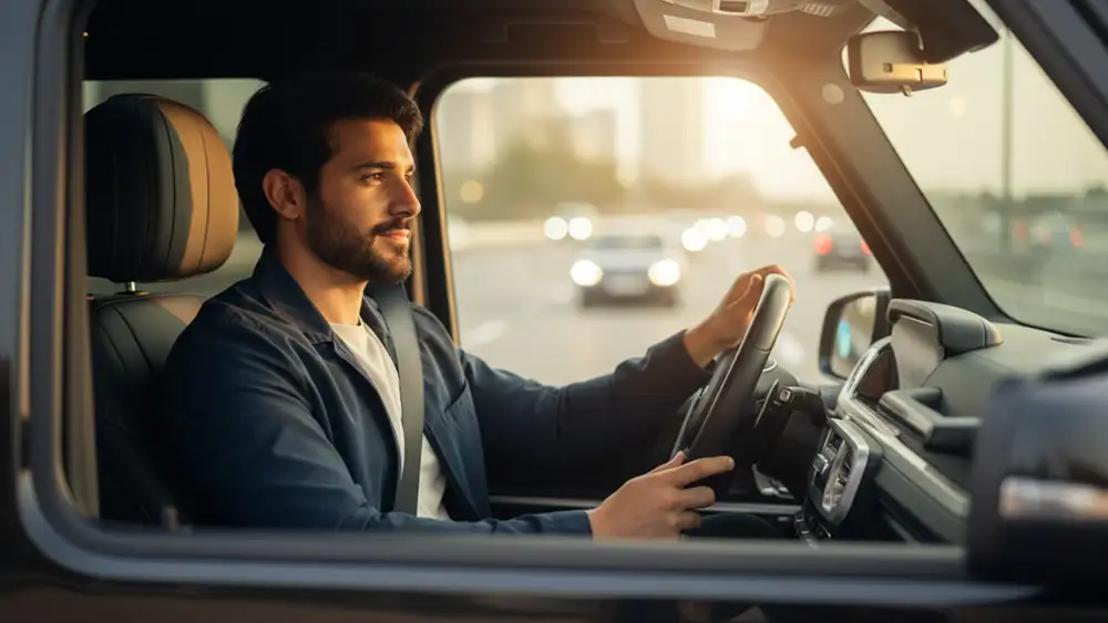 Close-up of a technician checking tire pressure on a rental vehicle