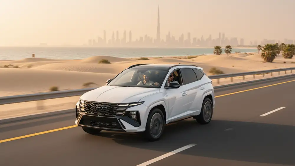 Illustrative image showing a well-maintained rental car undergoing inspection