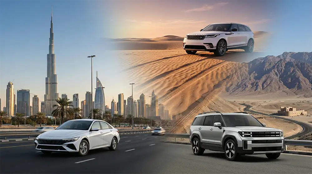 Al Qudrah rental car driving smoothly on a UAE highway